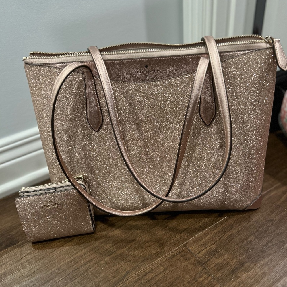 Beautiful Kate Spade purse, rose gold glitter with matching wallet